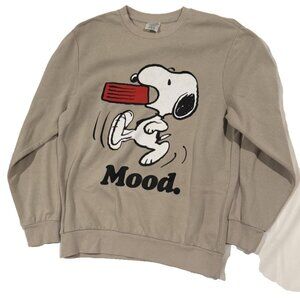 Peanuts Snoopy "Mood" Graphic Fleece Crewneck Sweatshirt Beige Tan